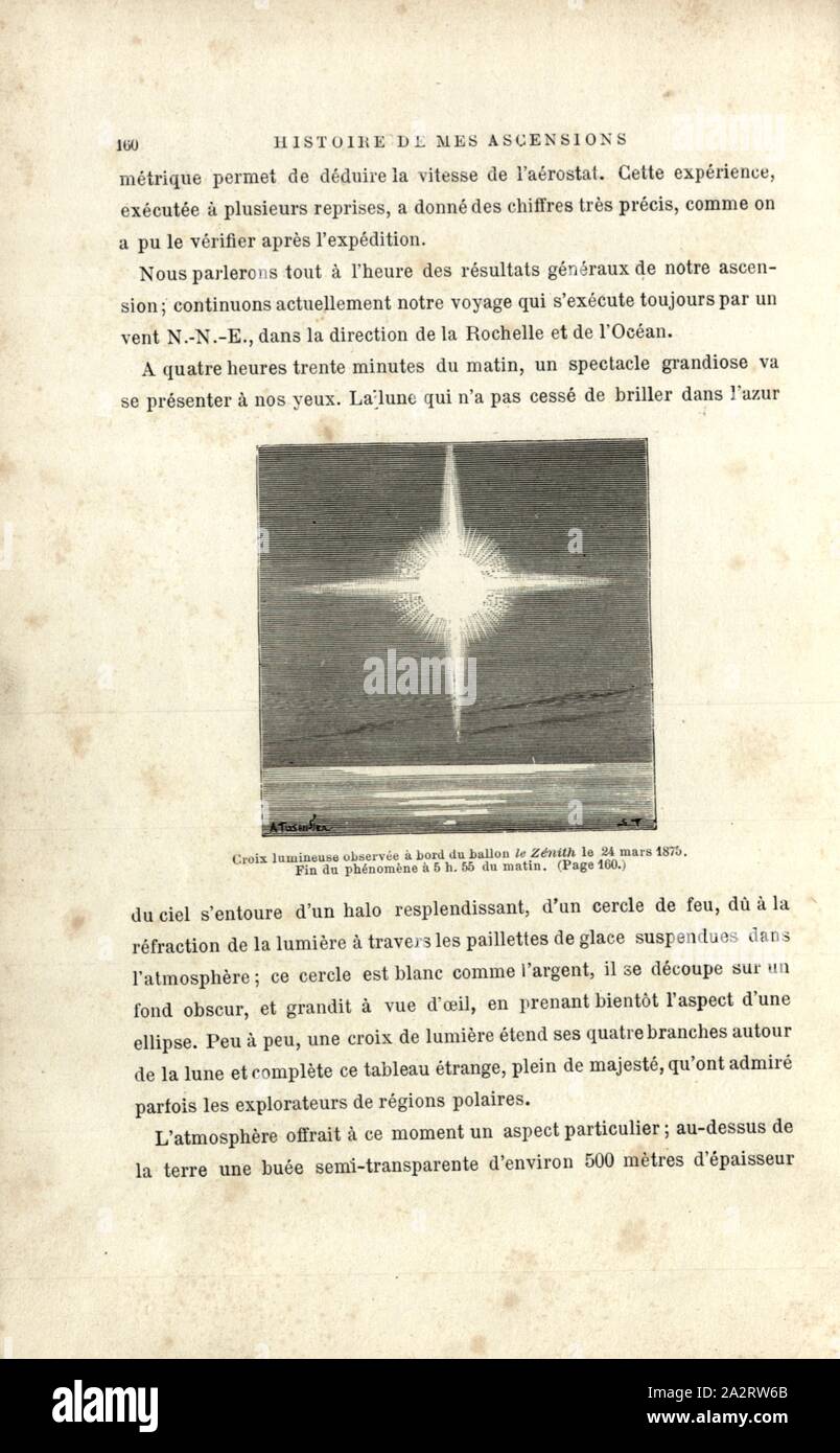 Leuchtende Kreuz an Bord der Zenith Ballon am 24. März 1875 beobachtet, Licht Effekt beobachtet, während der Ballon Zenith am 24. März 1875, Signiert: A. Tissandier; S. T, Abb. 43, S. 160, Tissandier, Albert (Del.); Smeeton, Brennen (sc.); Tilly, Auguste (sc.), 1887, Gaston Tissandier: Histoire de mes Aufstiege. Récit de Quarante voyages Aériens (1868-1886). Paris: Maurice Dreyfous, 1887 Stockfoto