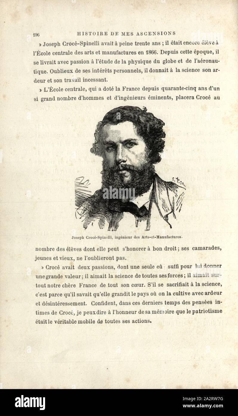 Joseph Crocé-Spinelli, Ingenieur für Kunst-und-fertigt, Portrait der Ballonfahrer Joseph Eustache Crocé Spinnelli, unterzeichnet: T.S. sc, Abb. 48, S. 196, Smeeton, Brennen (sc.); Tilly, Auguste (sc.), 1887, Gaston Tissandier: Histoire de mes Aufstiege. Récit de Quarante voyages Aériens (1868-1886). Paris: Maurice Dreyfous, 1887 Stockfoto
