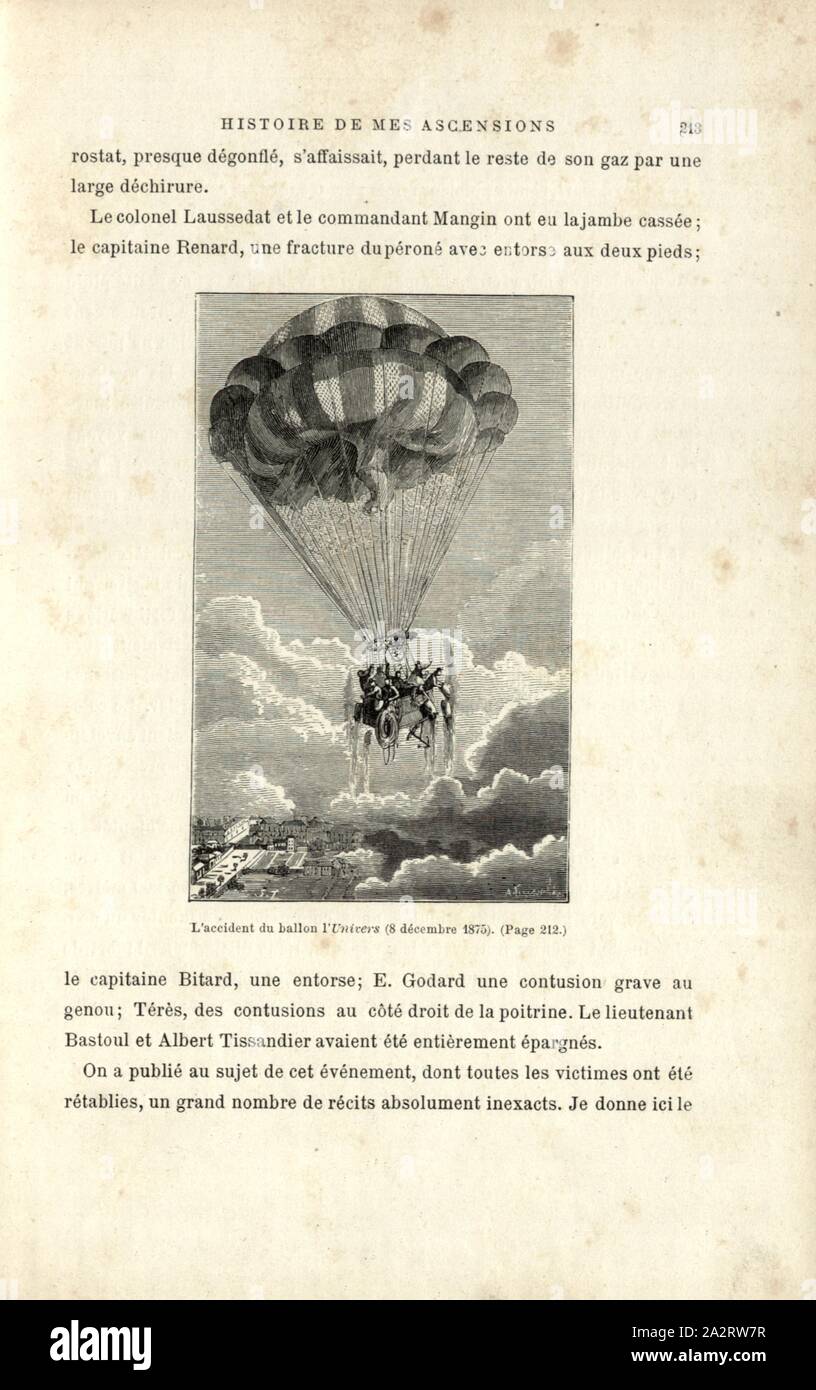 Der Ballon Unfall das Universum Dezember 8, 1875, Ballon Univers in das Unglück vom 8. Dezember 1875, an Bord der Pierre Aussedat, Gabriel Mangin, Charles Renard, Bitard, Bastoul, Eugène Godard und Albert Tissandier, Signiert: S. T, A. Tissandier, Abb. 53, S. 231, Smeeton, Brennen (Del.); Tilly, Auguste (Del.); Tissandier, Albert (sc.), 1887, Gaston Tissandier: Histoire de mes Aufstiege. Récit de Quarante voyages Aériens (1868-1886). Paris: Maurice Dreyfous, 1887 Stockfoto