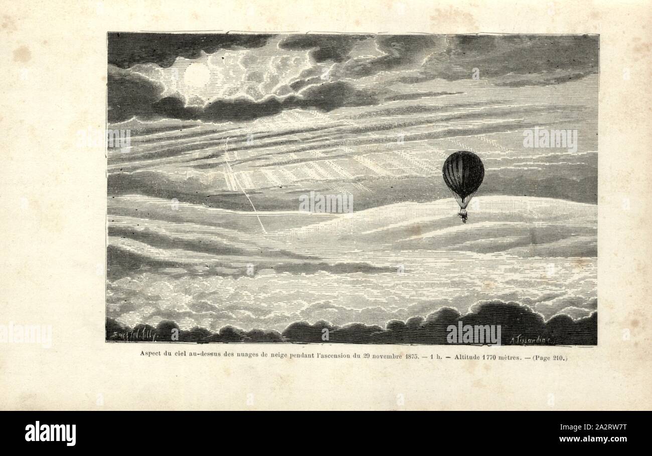 Aussehen der Himmel über den Wolken von Schnee während der Besteigung des 29. November 1875. 1h. Höhe 1770 m, die Wolkenbildung während der Ballonfahrt am 29 November, 1875, unterzeichnet: smeeton Tilly; A. Tissandier s, Abb. 54, S. 216, Smeeton, Brennen (Del.); Tilly, Auguste (Del.); Tissandier, Albert (sc.), 1887, Gaston Tissandier: Histoire de mes Aufstiege. Récit de Quarante voyages Aériens (1868-1886). Paris: Maurice Dreyfous, 1887 Stockfoto