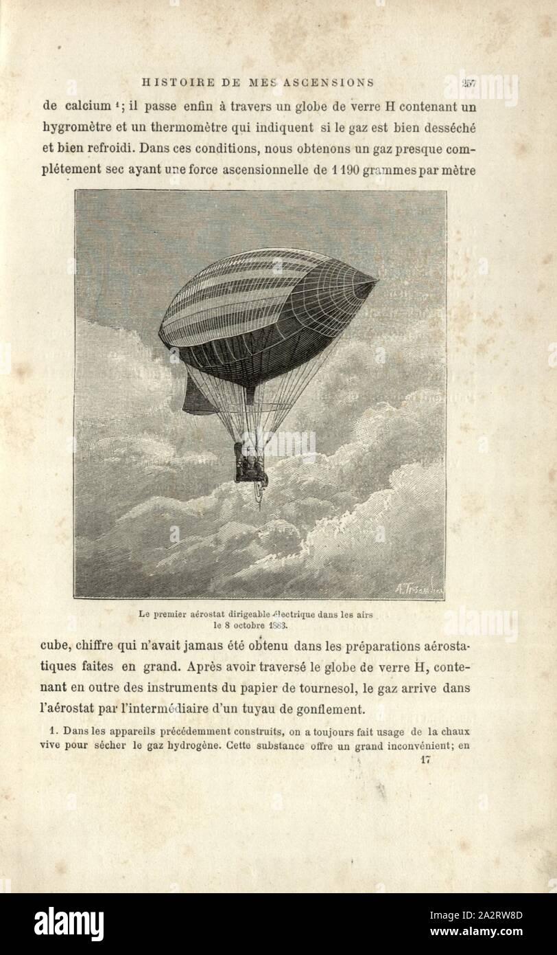 Das erste Luftschiff elektrische Luftschiff in der Luft Oktober 8, 1883, lenkbare Luftschiff mit einem Elektromotor von Gaston und Albert Tissandier auf dem ersten Flug am 8. Oktober 1883, unterzeichnet: A. Tissandier, Abb. 69, S.257, Tissandier, Albert (Del.), 1887, Gaston Tissandier: Histoire de mes Aufstiege. Récit de Quarante voyages Aériens (1868-1886). Paris: Maurice Dreyfous, 1887 Stockfoto