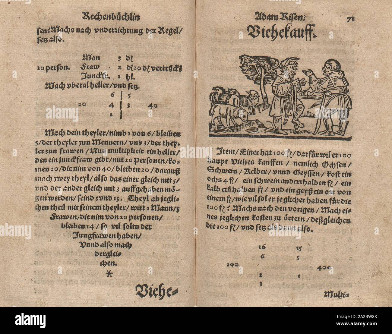 Viehekauff, Darstellung einer Szene während der Verkauf von Vieh aus dem 16. Jahrhundert, Abb. 1, S. 71 f, 1565, Adam Ries, Erhard Helm: Rechenbuch, uff Linien unnd Ziphren [...]. Franck [Frankfurt]: Chr.[istian] Egen.[olff] Erben, 1565 Stockfoto