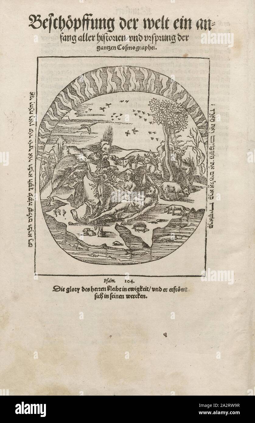 Erschaffung der Welt einen Anfang aller Geschichte und Ursprung der ganzen Cosmographei, Darstellung einer Szene, in der Gott Eva aus Adams Rippe erzeugt aus dem 16. Jahrhundert, Abb. 1, vor S.I, 1503, Sebastian Münster: cosmographia. Beschreibung aller Kreditgeber durch Sebastianum Münsterum: In welcher Begriffen aller Voelker, Herrschaften, Stetten, und namhafftiger Flecken, herkommen: Sitten, Gebreüch, Ordnung, Glauben, Secten und Hantierung durch die gantze Welt und fürnemlich Teütscher Nation [...]. Basel: durch Henrichum Petri, 1544 Stockfoto