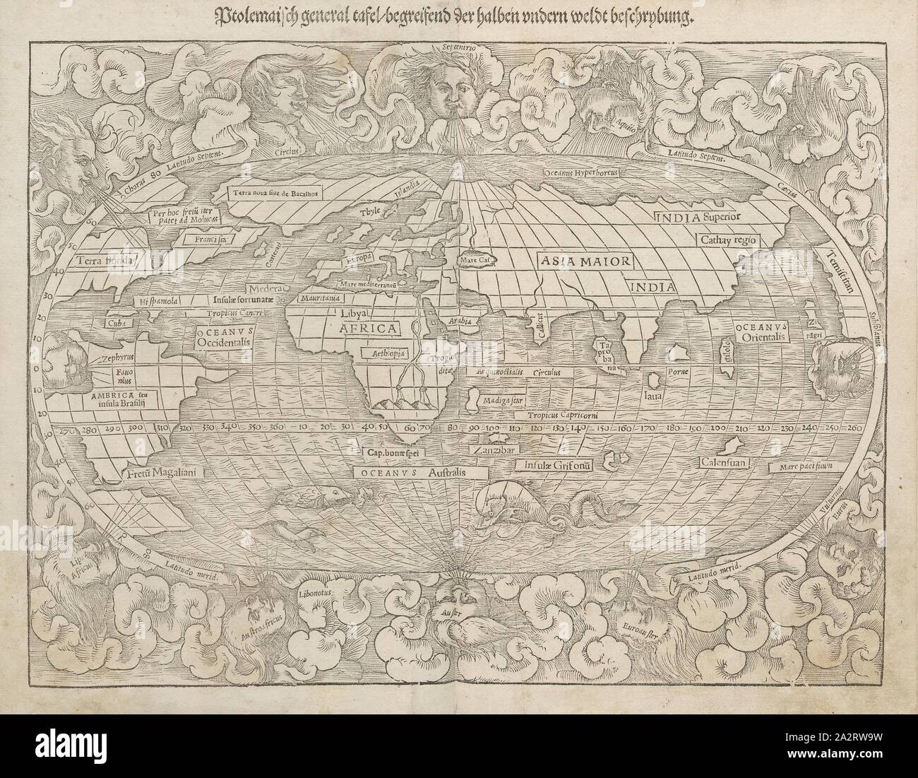 Die ptolemäische Panel allgemein Konzeption der Hälfte Berlin weldt Entschlüsselung., Weltkarte aus dem 16. Jahrhundert, Abb. 2 nach S. Ich, 1544, Sebastian Münster: cosmographia. Beschreibung aller Kreditgeber durch Sebastianum Münsterum: In welcher Begriffen aller Voelker, Herrschaften, Stetten, und namhafftiger Flecken, herkommen: Sitten, Gebreüch, Ordnung, Glauben, Secten und Hantierung durch die gantze Welt und fürnemlich Teütscher Nation [...]. Basel: durch Henrichum Petri, 1544 Stockfoto