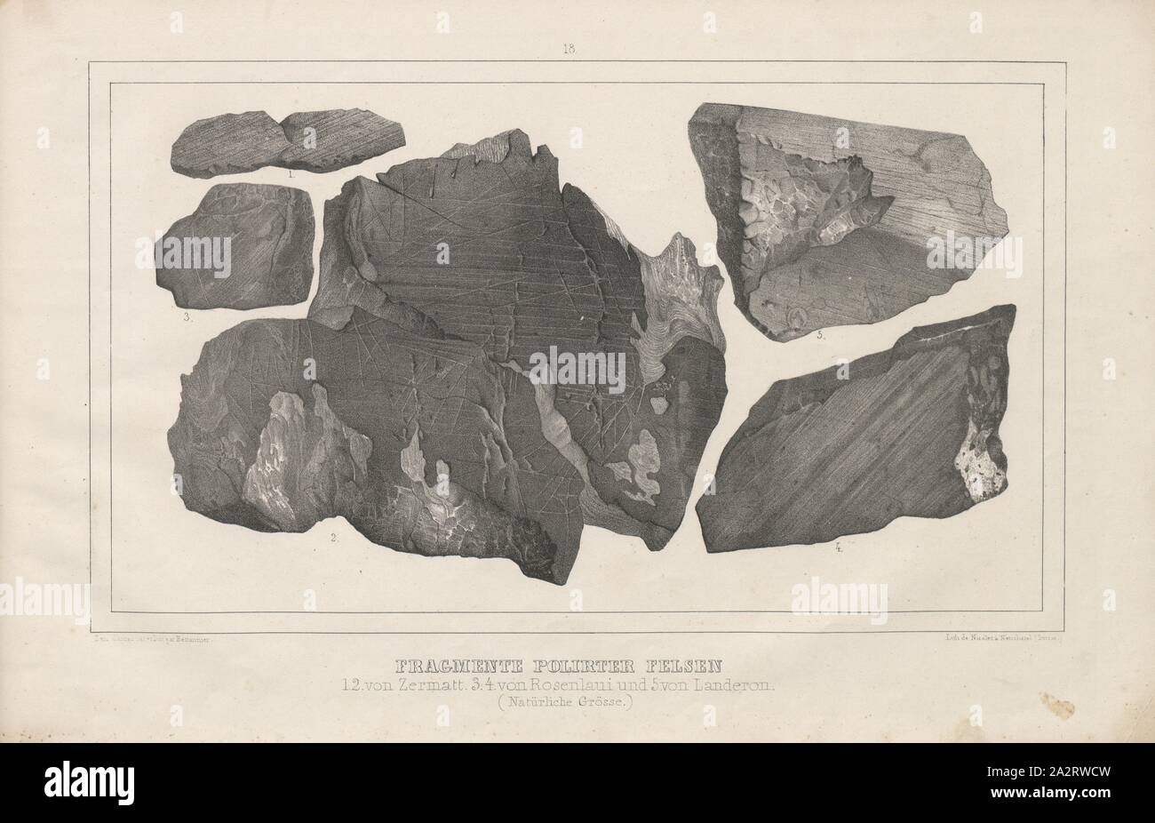 Fragmente von polierten Felsen, Illustration von Fragmenten von polierten Felsen aus dem 19. Jahrhundert, unterzeichnet:... Bettanier, Lith. De Nicolet à Neuchâtel (Suisse), pl. 18, S. 38, Nicolet (Lith.); Bettanier, 1840 Louis Agassiz: Untersuchungen über die Gletscher. [Tafelband]. Solothurn: in Kommission bei Jent & Gassmann, 1841 Stockfoto