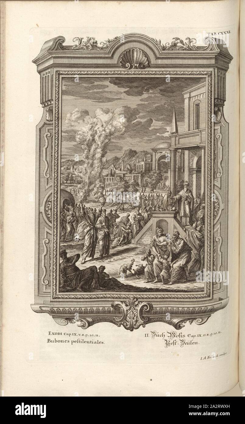 Referenziert Pestilentiale, Parallel Titel: Pest Beulen, unterzeichnet: J.A.Friderich sculps, Kupferstich, Platte CXXXI (Vol. 1), Füssli, Johann Melchior; Fridrich, Jacob Andreas (sculps.), 1731, Johann Jakob Scheuchzer: Kupfer-Bibel (...). Augspurg und Ulm: gedruckt bey Christian Ulrich Wagner, 1731-1735 Stockfoto