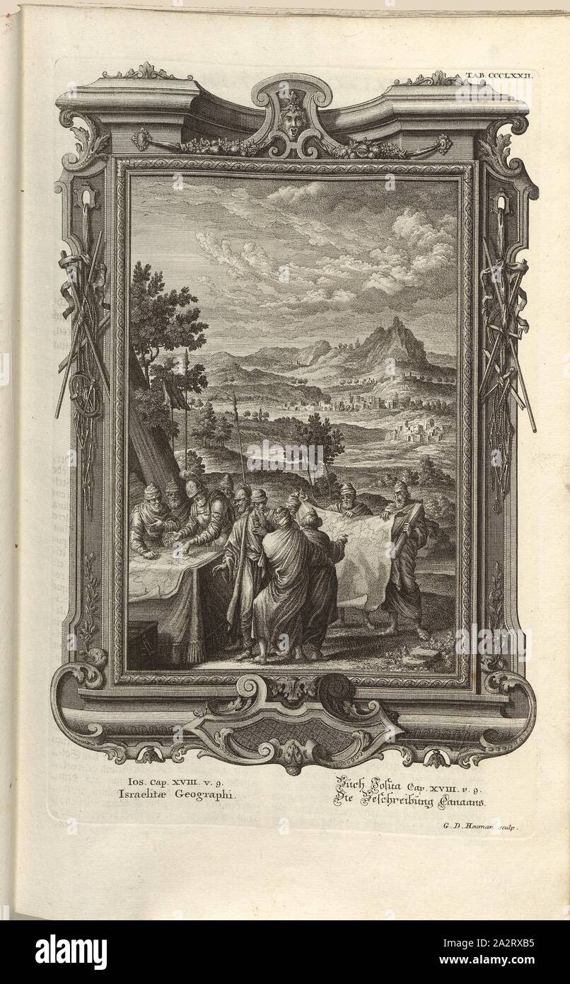 Israel Geographie, Parallel Titel: Die Beschreibung von Kanaan, unterzeichnet: G. D. Heuman sculp, Kupferstich, Platte CCCLXXII, Füssli, Johann Melchior; Heumann, Georg Daniel (sculp.), 1731, Johann Jakob Scheuchzer: Kupfer-Bibel (...). Augspurg und Ulm: gedruckt bey Christian Ulrich Wagner, 1731-1735 Stockfoto