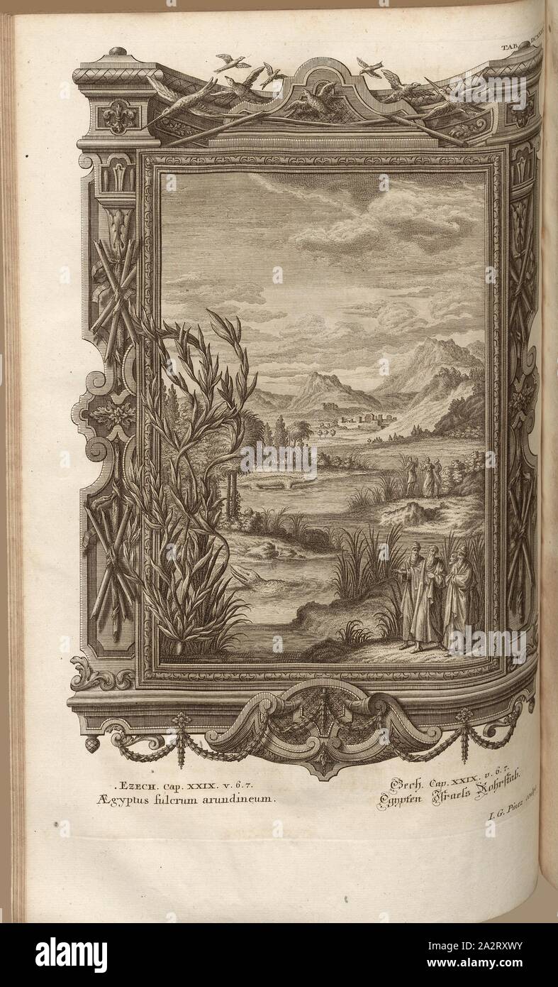 Ägypten ist der Dreh- und Angelpunkt der Reed, Parallel Titel: ägyptischer Leitung Personal, unterzeichnet: J. G. Pintz sculps, Kupferstich, Platte DCXXXV, Füssli, Johann Melchior; Pinz, Johann Georg (sculps.), 1731, Johann Jakob Scheuchzer: Kupfer-Bibel (...). Augspurg und Ulm: gedruckt bey Christian Ulrich Wagner, 1731-1735 Stockfoto