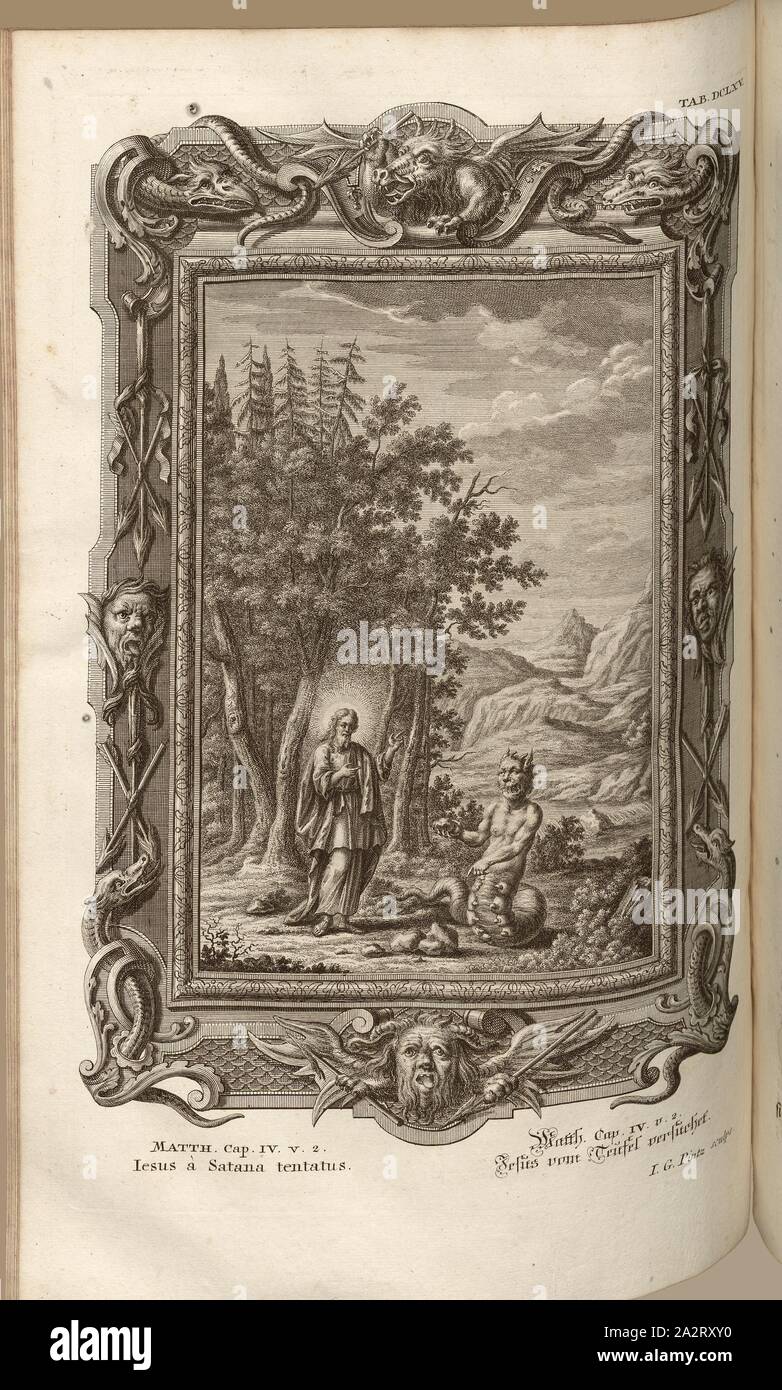 Jesus wurde von Satan, Parallel Titel: versuchte Jesus vom Teufel, unterzeichnet: J. G. Pintz sculps, Kupferstich, Platte DCLXV, Füssli, Johann Melchior; Pinz, Johann Georg (sculps. versucht), 1731, Johann Jakob Scheuchzer: Kupfer-Bibel (...). Augspurg und Ulm: gedruckt bey Christian Ulrich Wagner, 1731-1735 Stockfoto