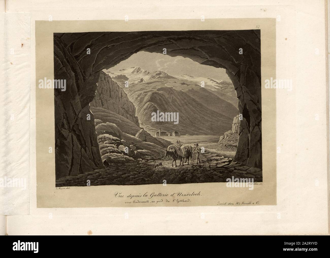 Blick aus dem urnerloch Galerie nach Andermatt, Blick aus dem Urnerloch in Richtung Andermatt, nach S. 57, S. 87, Meyer, J. (Del.); Kälin, M. (sc.), 1830, M. Kälin; Lusser: Zwölf Ansichten der neuen St. Gotthards-Strasse. Zürich. Heinrich Füessli und Comp., 1830 Stockfoto