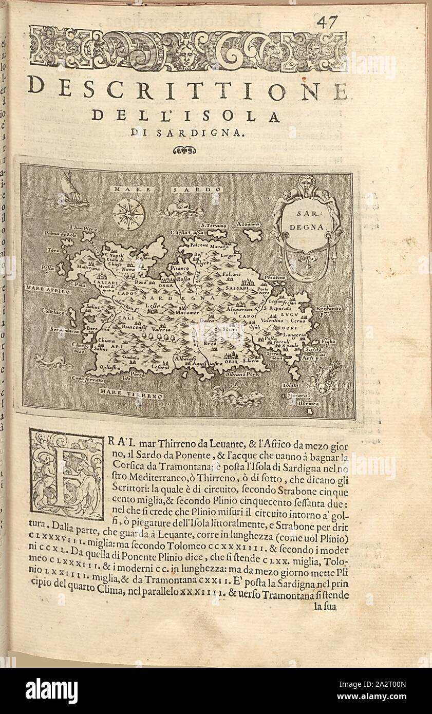 Sardinien, Karte der Insel Sardinien, Abb. 13, S. 47, Porro, Girolamo (Ill.), 1575, Thomaso Porcacchi, Girolamo Porro: L'Isole piu famose del Mondo. Il secondo Libro. Im Venetien: apresso gli Heredi di Simon Galignani, 1590 Stockfoto