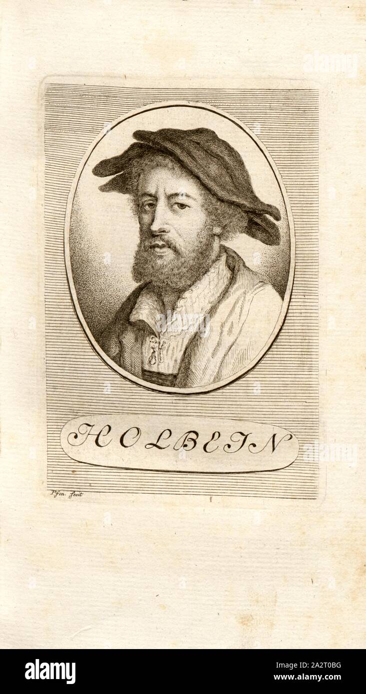 Holbein, Porträt Hans Holbein (auch Hans Holbein der Jüngere), unterzeichnet: Kreuzer, fecit, Taf. 2, 6, Pfenninger, Heinrich (FEC), Leonhard Meister s.; Heinrich Pfenninger; J. C Fäsi: Helvetiens berühmte Männer in Bildnissen. Bd. 1, Bl. 1. Zürich: im Verlag Heinrich Pfenninger Mahler, 1799 Stockfoto