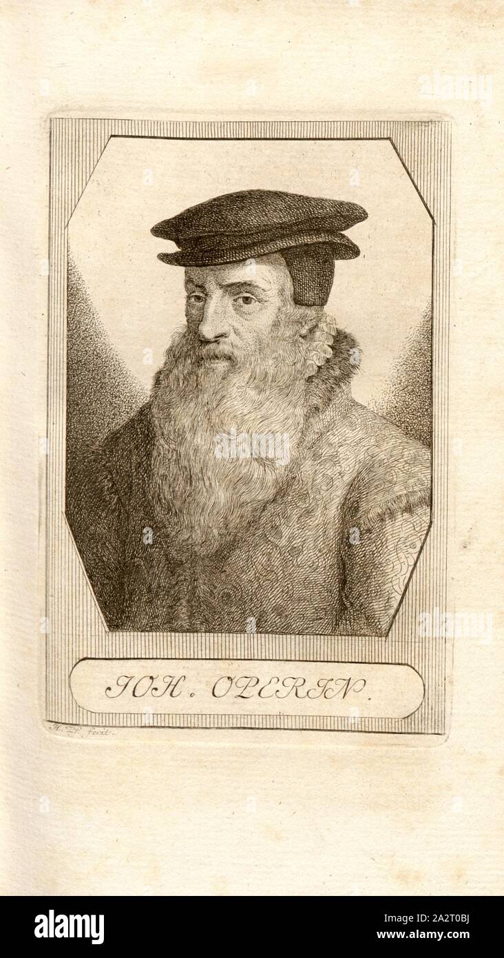 Joh. Betreiben, Porträt von Johann Oporinus (auch (Johannes Herbst), Signiert: H. Pf. Fecit, S. 5, S. 28, Pfenninger, Heinrich (FEC), Leonhard Meister; Heinrich Pfenninger; J. C Fäsi: Helvetiens berühmte Männer in Bildnissen. Bd. 1, Bl. 1. Zürich: im Verlag Heinrich Pfenninger Mahler, 1799 Stockfoto
