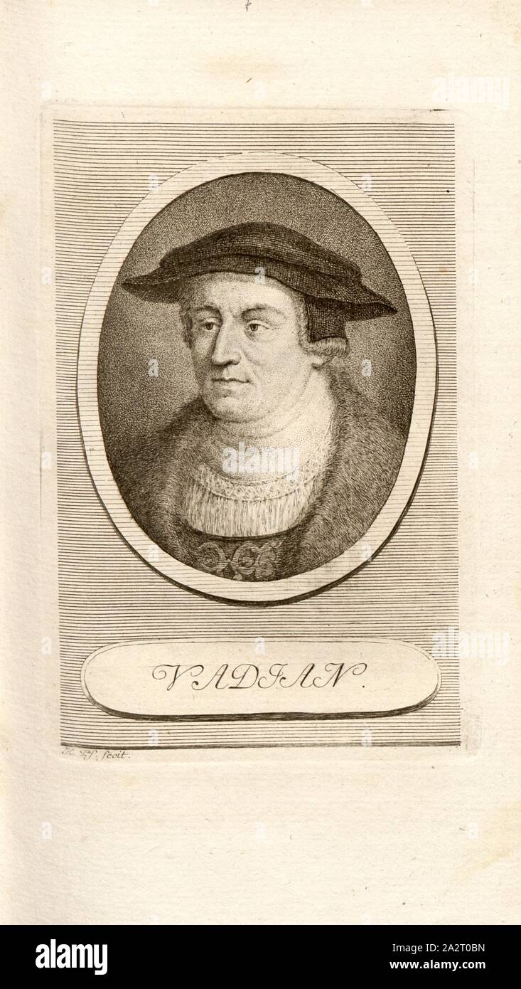 Vadian, Porträt Joachim von Watt (auch Joachim Vadian), Signiert: H. Pf. Fecit, Taf. 7, S. 40, Pfenninger, Heinrich (FEC), Leonhard Meister; Heinrich Pfenninger; J. C Fäsi: Helvetiens berühmte Männer in Bildnissen. Bd. 1, Bl. 1. Zürich: im Verlag Heinrich Pfenninger Mahler, 1799 Stockfoto