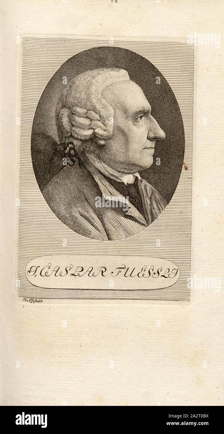 J. Caspar Fuessli, Porträt von Johann Caspar Füssli, Signiert: H. Pf. Fecit, Taf. 13, S. 66, Pfenninger, Heinrich (FEC), Leonhard Meister; Heinrich Pfenninger; J. C Fäsi: Helvetiens berühmte Männer in Bildnissen. Bd. 1, Bl. 1. Zürich: im Verlag Heinrich Pfenninger Mahler, 1799 Stockfoto