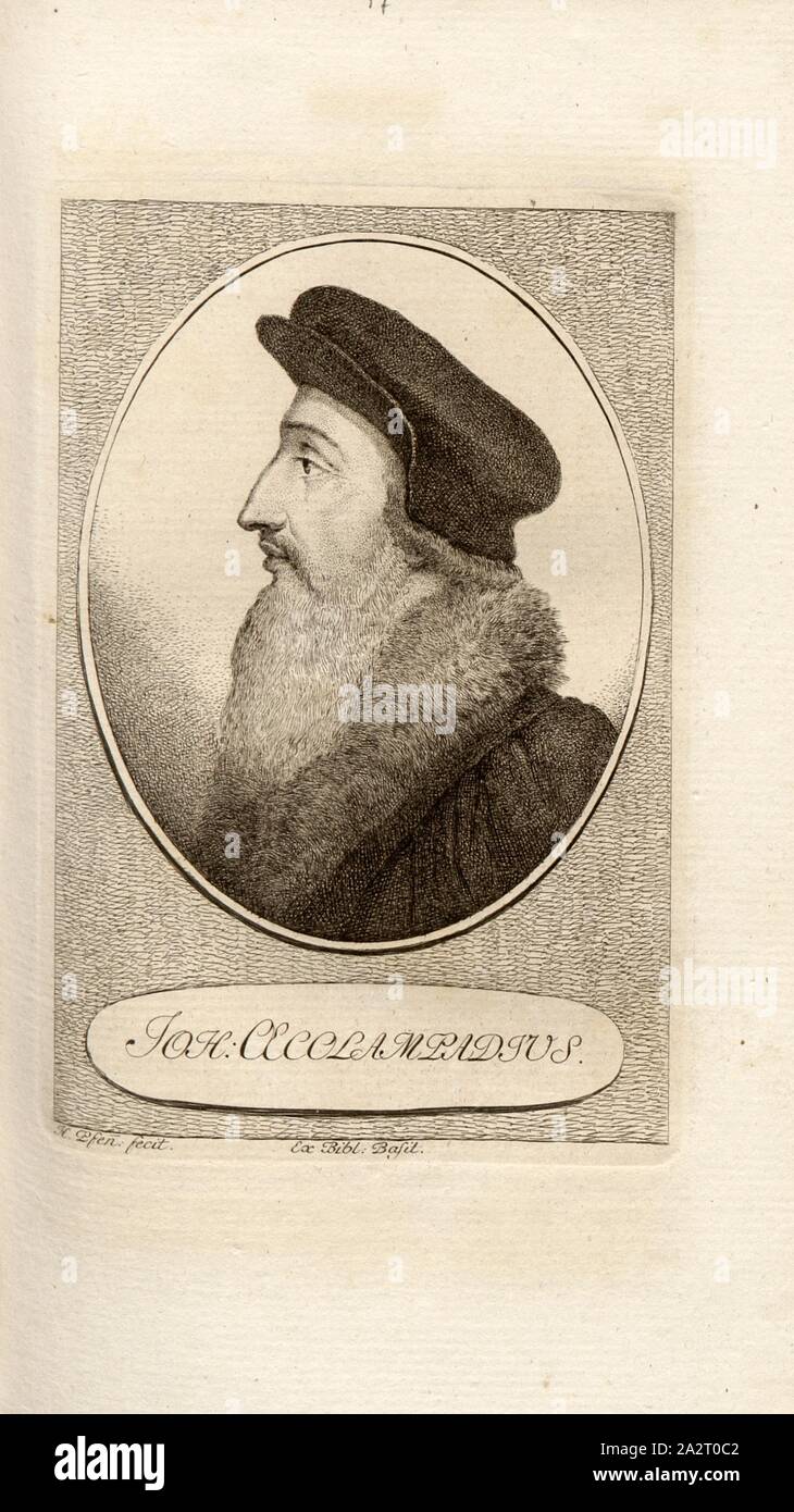 Johann. Ökolampad, Porträt von Johann Ökolampad, Signiert: H. Pfenn., fecit, Taf. 17, Nach S. 100, Pfenninger, Heinrich (FEC), Leonhard Meister; Heinrich Pfenninger; J. C Fäsi: Helvetiens berühmte Männer in Bildnissen. Bd. 1, Bl. 1. Zürich: im Verlag Heinrich Pfenninger Mahler, 1799 Stockfoto