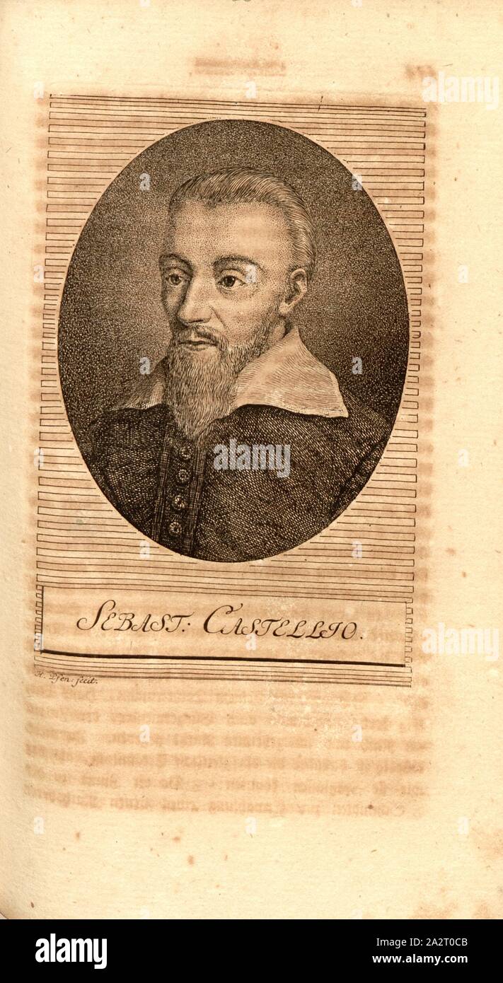Sebastian. Castellio, Portrait von Sebastian Castellio (auch Sébastien Castellion), Signiert: H. Kreuzer, fecit, Taf. 25, S. 174, Pfenninger, Heinrich (FEC), Leonhard Meister; Heinrich Pfenninger; J. C Fäsi: Helvetiens berühmte Männer in Bildnissen. Bd. 1, Bl. 1. Zürich: im Verlag Heinrich Pfenninger Mahler, 1799 Stockfoto