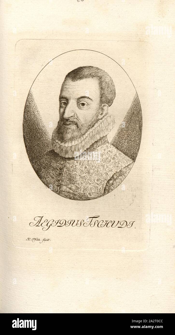Giles Tschndi, Portrait von Aegidius Tschudi, Signiert: H. Pfenn., fecit, Taf. 26, Nach S. 180, Pfenninger, Heinrich (FEC), Leonhard Meister; Heinrich Pfenninger; J. C Fäsi: Helvetiens berühmte Männer in Bildnissen. Bd. 1, Bl. 1. Zürich: im Verlag Heinrich Pfenninger Mahler, 1799 Stockfoto