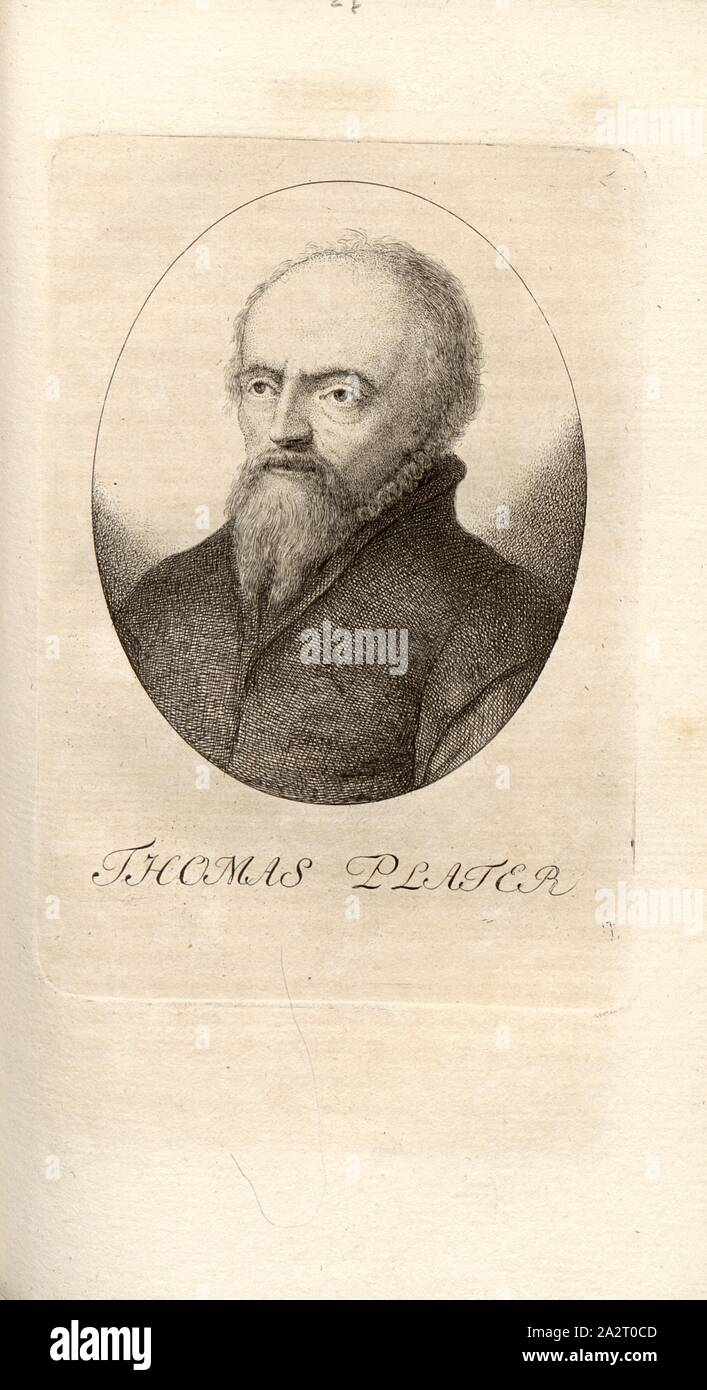 Thomas Platzer, Portrait von Thomas Platter (auch Thomas Platter der Ältere), Taf. 27, S. 186, Pfenninger, Heinrich (FEC), Leonhard Meister; Heinrich Pfenninger; J. C Fäsi: Helvetiens berühmte Männer in Bildnissen. Bd. 1, Bl. 1. Zürich: im Verlag Heinrich Pfenninger Mahler, 1799 Stockfoto
