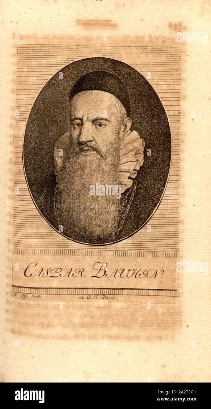 Caspar Bauhin, Porträt von Johann Caspar Bauhin, H. Pf. Fecit, Taf. 30, S. 224, Pfenninger, Heinrich (FEC), Leonhard Meister; Heinrich Pfenninger; J. C Fäsi: Helvetiens berühmte Männer in Bildnissen. Bd. 1, Bl. 1. Zürich: im Verlag Heinrich Pfenninger Mahler, 1799 Stockfoto