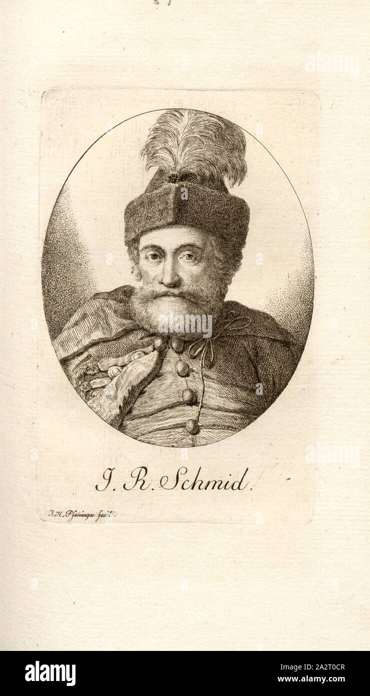 I. R. Schmid, Porträt von Johann Ruldolf Schmid, unterzeichnet: J.H.Pfenniger fecit, Taf. 37, S.264, Pfenninger, Heinrich (FEC), Leonhard Meister; Heinrich Pfenninger; J. C Fäsi: Helvetiens berühmte Männer in Bildnissen. Bd. 1, Bl. 1. Zürich: im Verlag Heinrich Pfenninger Mahler, 1799 Stockfoto