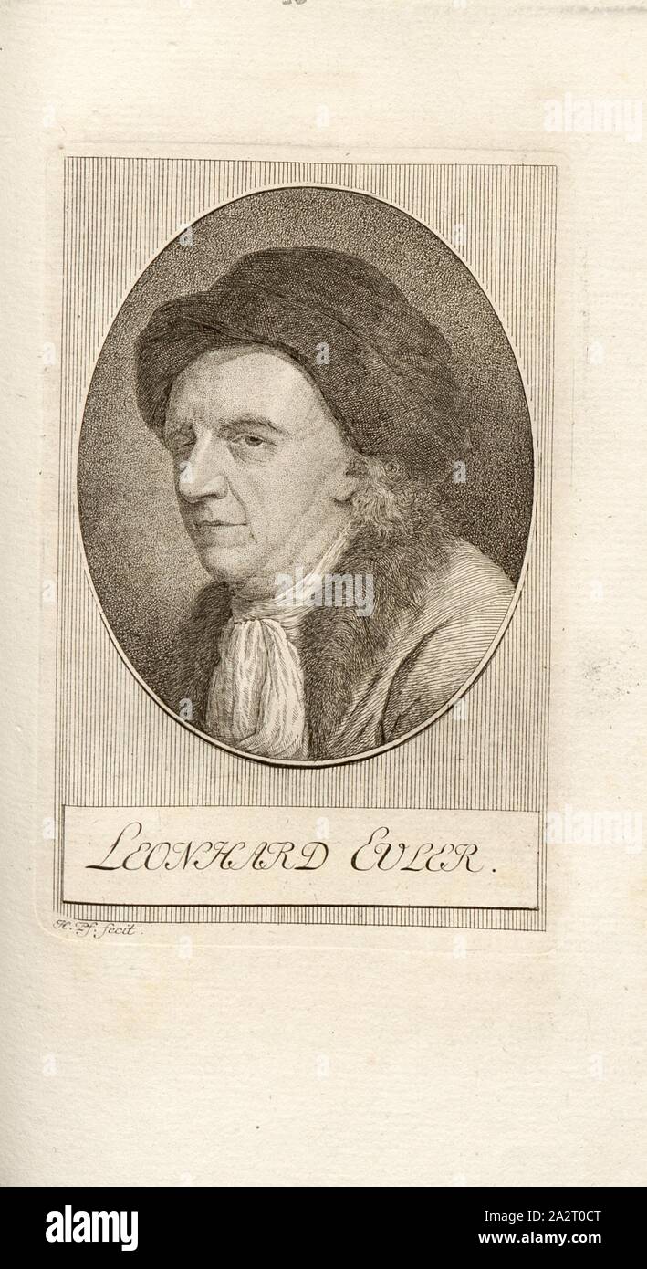 Leonhard Euler, Portrait Leonhard Euler, Signiert: H. Pf. Fecit, Taf. 36, S. 250, Pfenninger, Heinrich (FEC), Leonhard Meister; Heinrich Pfenninger; J. C Fäsi: Helvetiens berühmte Männer in Bildnissen. Bd. 1, Bl. 1. Zürich: im Verlag Heinrich Pfenninger Mahler, 1799 Stockfoto