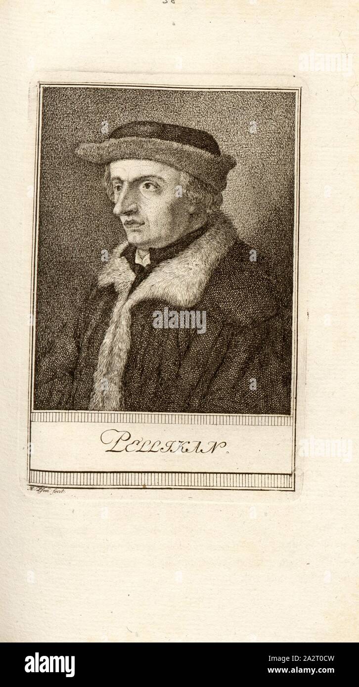 Pellikan, Portrait Conrad Pellican (auch Konrad Pellikan), Signiert: H. Pfenn., fecit, Taf. 38, S. 268, Pfenninger, Heinrich (FEC), Leonhard Meister; Heinrich Pfenninger; J. C Fäsi: Helvetiens berühmte Männer in Bildnissen. Bd. 1, Bl. 1. Zürich: im Verlag Heinrich Pfenninger Mahler, 1799 Stockfoto