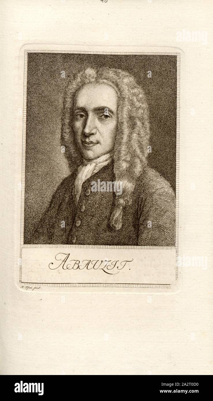Abauzit, Porträt Firmin Abauzit, Signiert: H. Pfenn., fecit, Taf. 40, Nach S. 272, Pfenninger, Heinrich (FEC), Leonhard Meister; Heinrich Pfenninger; J. C Fäsi: Helvetiens berühmte Männer in Bildnissen. Bd. 1, Bl. 1. Zürich: im Verlag Heinrich Pfenninger Mahler, 1799 Stockfoto