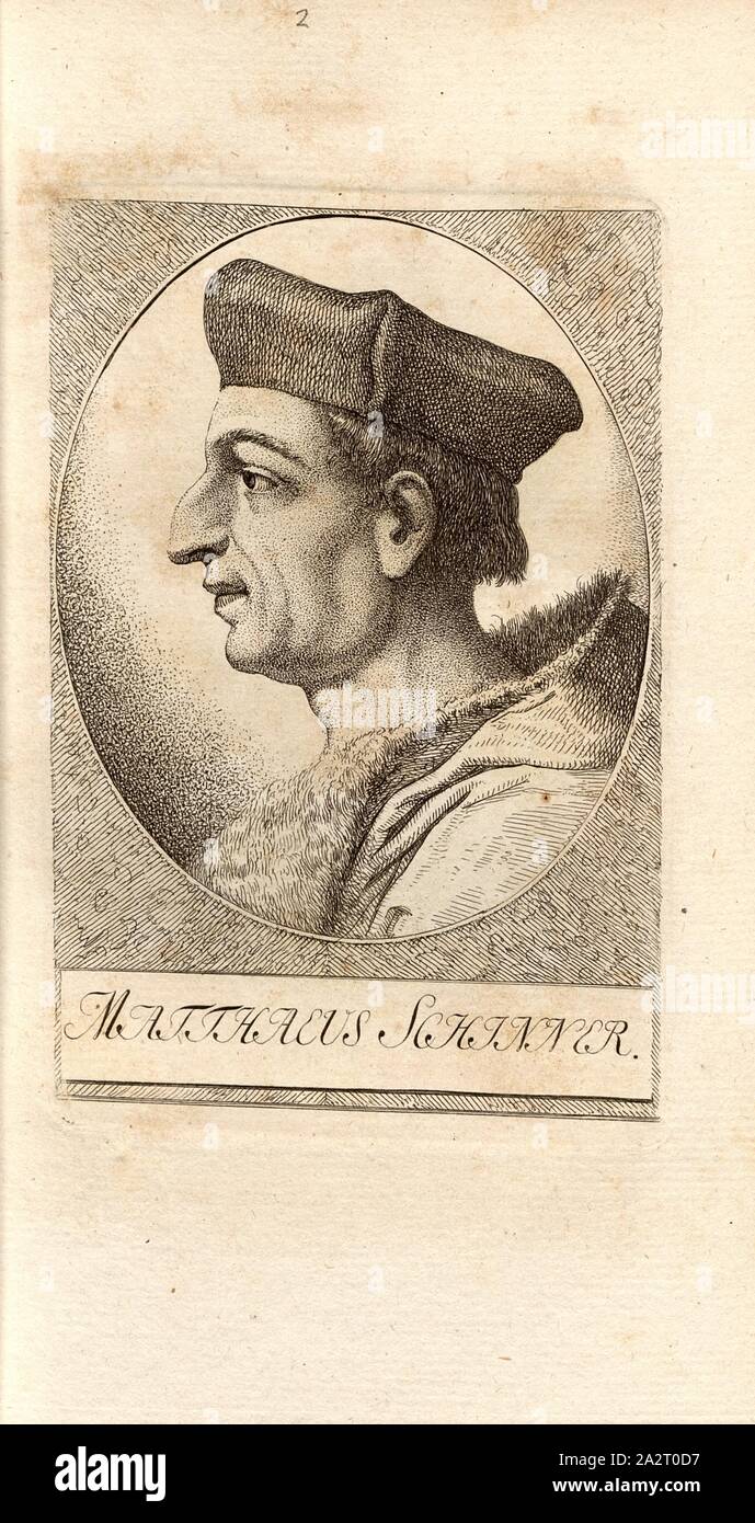 Mattaeus Schinner, Portrait von Matthew Schinner (auch Matthäus Schiner), Taf. 2, S. 16, Pfenninger, Heinrich (FEC), Leonhard Meister; Heinrich Pfenninger; J. C Fäsi: Helvetiens berühmte Männer in Bildnissen. Bd. 1, Bl. 2. Zürich: im Verlag Heinrich Pfenninger Mahler, 1799 Stockfoto