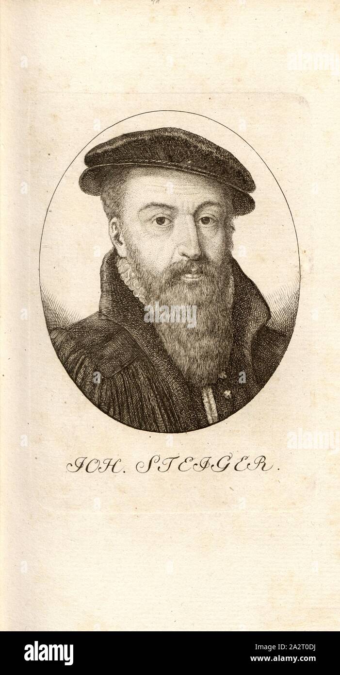 Joh. Gerüste, Porträt von Johann Steiger (auch Hans Steiger, Johannes Steiger), unsigned:, Taf. 11, S. 80, Pfenninger, Heinrich (FEC), Leonhard Meister; Heinrich Pfenninger; J. C Fäsi: Helvetiens berühmte Männer in Bildnissen. Bd. 1, Bl. 2. Zürich: im Verlag Heinrich Pfenninger Mahler, 1799 Stockfoto