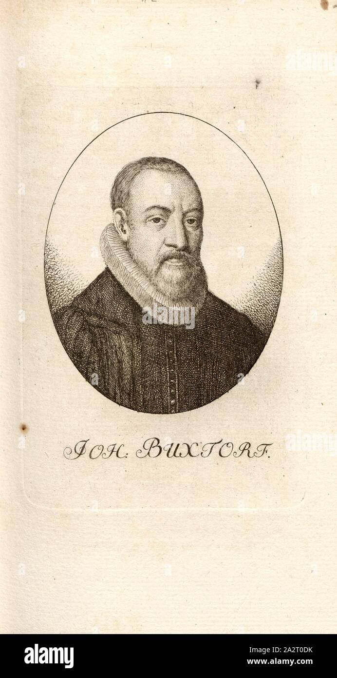 Joh. Buxtorf, Porträt von Johann Buxdorf (auch Johann Buxtorf der Ältere), unsigned:, Taf. 12, entsprechend 84, Pfenninger, Heinrich (FEC), Leonhard Meister s.; Heinrich Pfenninger; J. C Fäsi: Helvetiens berühmte Männer in Bildnissen. Bd. 1, Bl. 2. Zürich: im Verlag Heinrich Pfenninger Mahler, 1799 Stockfoto