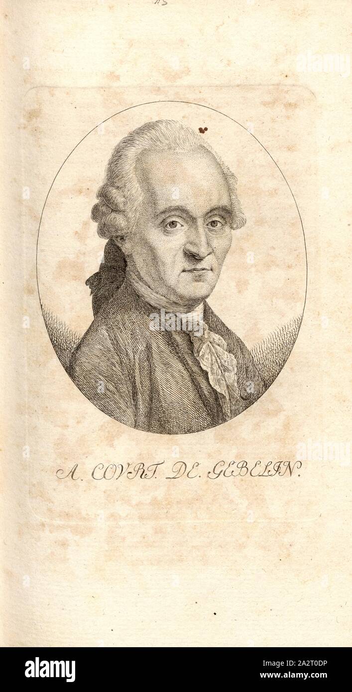 A. de Gebelin, Porträt Anton Hof de Gebelin (auch Antoine Court de Gebelin), Taf. 15, nach 96, Pfenninger, Heinrich (FEC), Leonhard Meister; Heinrich Pfenninger; J. C Fäsi: Helvetiens berühmte Männer in Bildnissen. Bd. 1, Bl. 2. Zürich: im Verlag Heinrich Pfenninger Mahler, 1799 Stockfoto