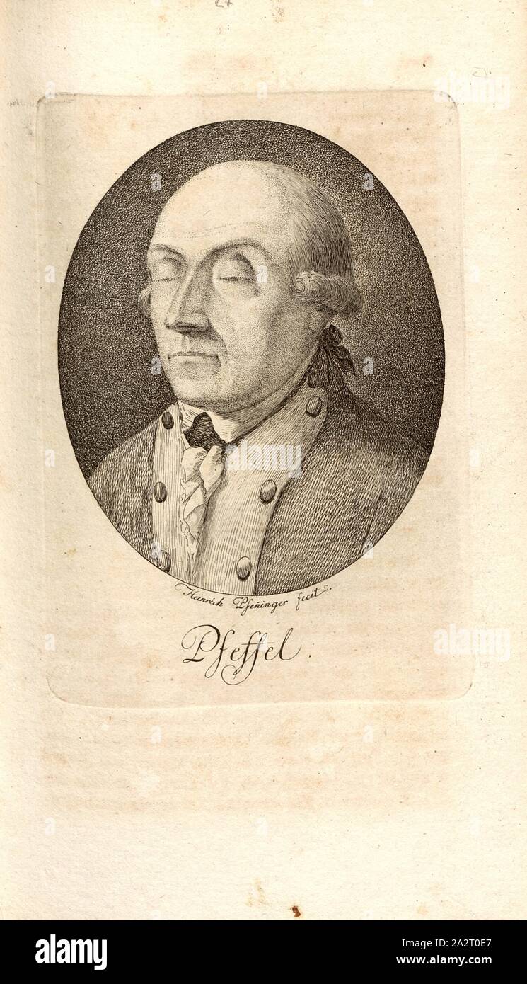 Pfeffel, Portrait von Gottlieb Conrad Pfeffel (auch Gottlieb Konrad Pfeffel), unterzeichnet: Heinrich Pfenninger fecit, Taf. 27, S. 216, Pfenninger, Heinrich (FEC), Leonhard Meister; Heinrich Pfenninger; J. C Fäsi: Helvetiens berühmte Männer in Bildnissen. Bd. 1, Bl. 2. Zürich: im Verlag Heinrich Pfenninger Mahler, 1799 Stockfoto