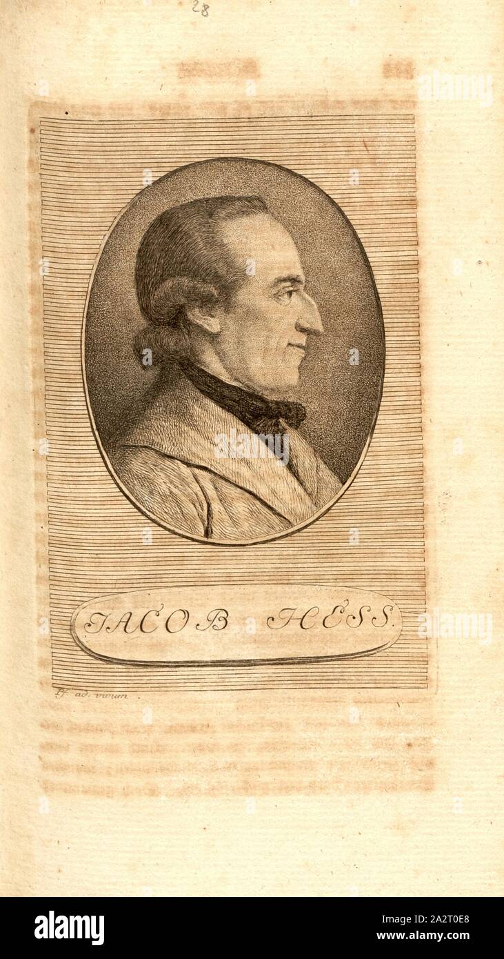 Jacob Hess, Porträt Johann Jakob Hess, unterzeichnete Pf. Ad vivum, Taf. 28, S. 22, Pfenninger, Heinrich (ad vivum Del.), Leonhard Meister; Heinrich Pfenninger; J. C Fäsi: Helvetiens berühmte Männer in Bildnissen. Bd. 1, Bl. 2. Zürich: im Verlag Heinrich Pfenninger Mahler, 1799 Stockfoto