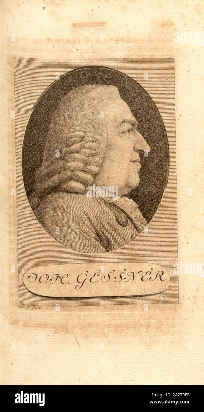 Joh. Gessner, Porträt Johann Gessner (auch Johannes Gessner), Signiert: H. Pf. Fecit, Taf. 34, S.264, Pfenninger, Heinrich (FEC), Leonhard Meister; Heinrich Pfenninger; J. C Fäsi: Helvetiens berühmte Männer in Bildnissen. Bd. 1, Bl. 2. Zürich: im Verlag Heinrich Pfenninger Mahler, 1799 Stockfoto