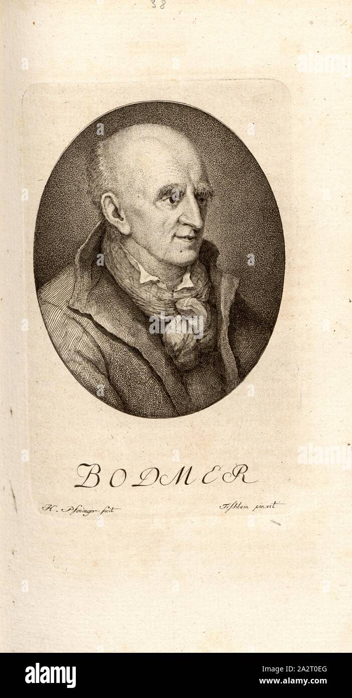 Bodmer, Porträt Johann Jakob Bodmer (auch Johann Jakob Bodmer), Signiert: H. Pfenninger fecit; Tabelle Bein pinxit, Taf. 35, S. 268, Tischbein, Johann Heinrich Wilhelm (pinx.); Pfenninger, Heinrich (FEC), Leonhard Meister; Heinrich Pfenninger; J. C Fäsi: Helvetiens berühmte Männer in Bildnissen. Bd. 1, Bl. 2. Zürich: im Verlag Heinrich Pfenninger Mahler, 1799 Stockfoto