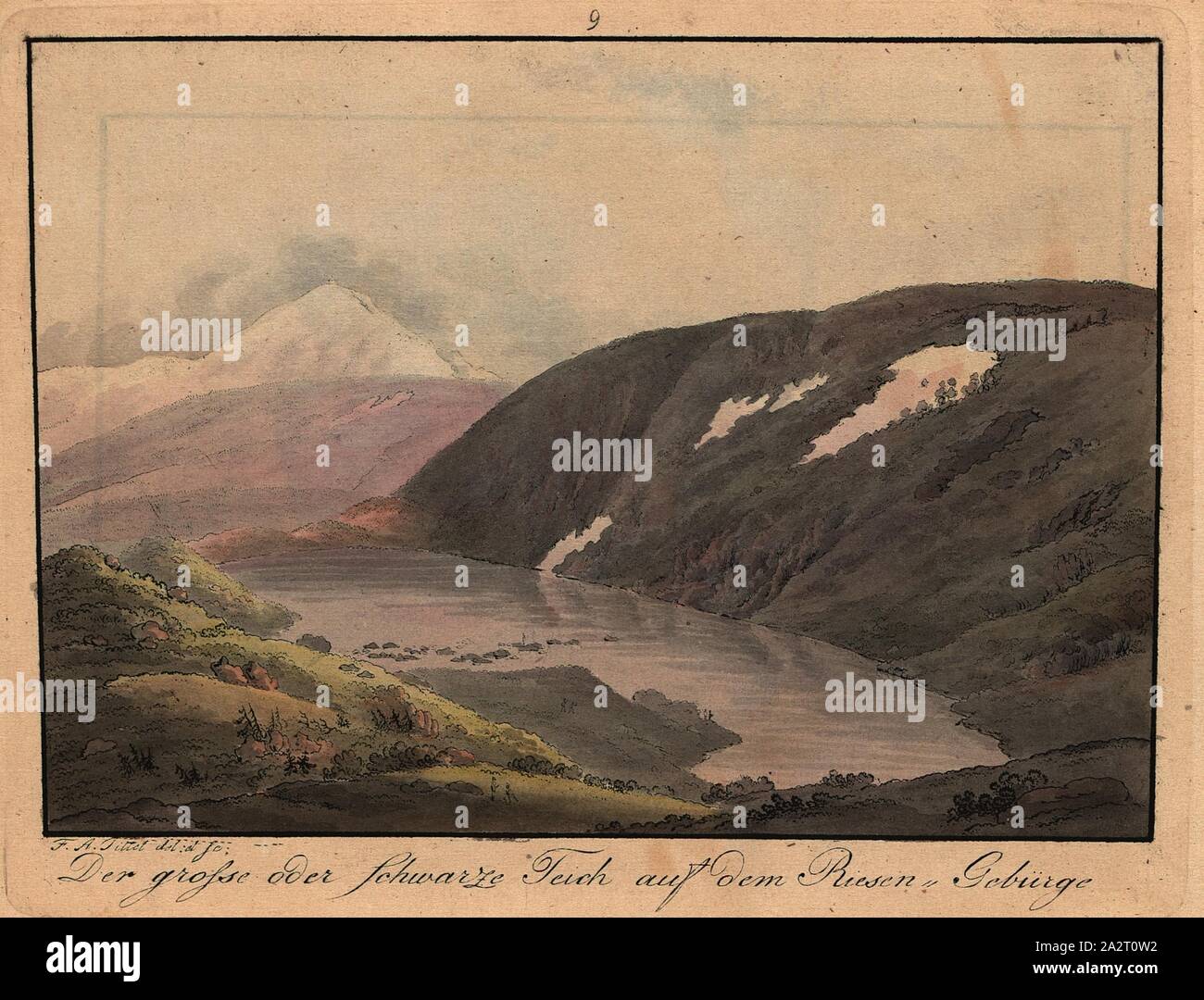 Die großen oder schwarzen Teich auf das Riesengebirge, die großen schwarzen Teich im Riesengebirge, Signiert: F.A. Tittel, farbigen Radierung, Platte 9, Tittel, Friedrich August (Del. et sc.), 1821, Friedrich August Tittel, Wanderung im Riesen-Gebürge malerisch erläutert (...). Landeshut: gedruckt bei J. C. Neumann, 1821 Stockfoto