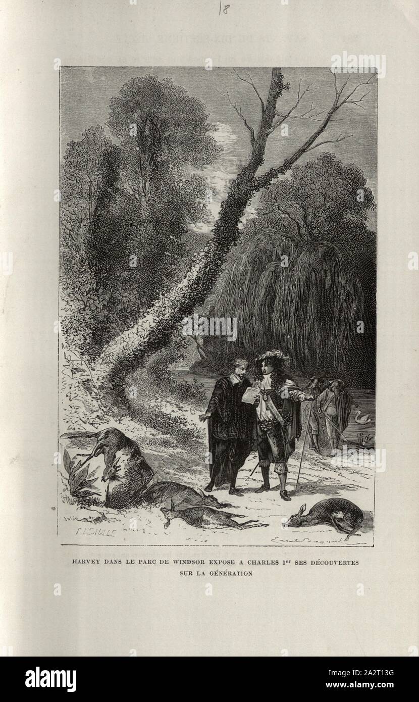 Harvey in Windsor Park macht Charles ich zu seinen Entdeckungen auf die Generation, William Harvey erklärt Charles der Erste seine Erkenntnisse in den Park, Datum geschätzt, Signiert: F.Méaulle; ?, Abb. 16, S. 294, Méaulle, F., 1869, Louis Figuier: Mias des savants illustres: depuis l'Antiquité Jusqu'au Dix-neuvième siècle. Paris: librairie internationale, 1869 Stockfoto