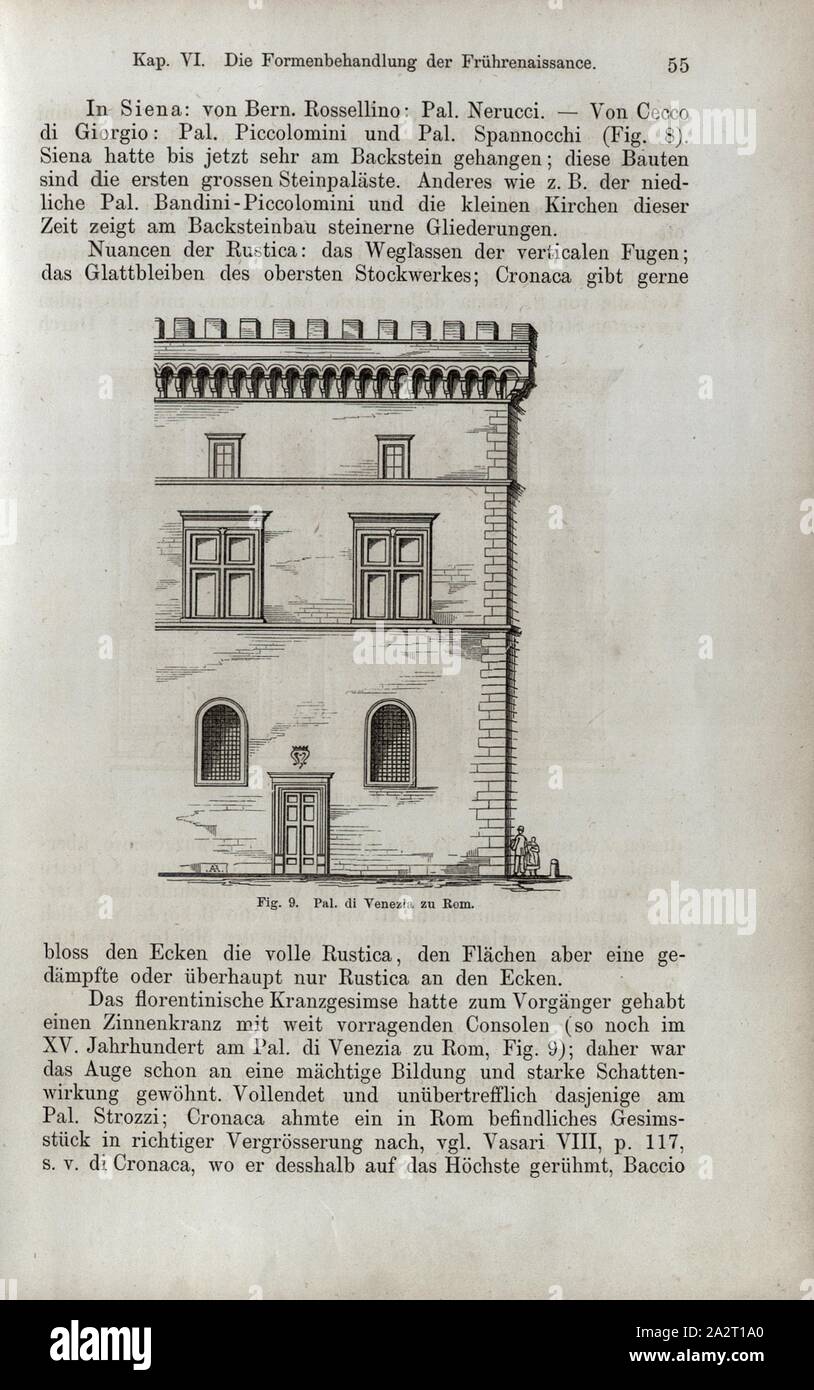 Pal. von Venedig zu Rom, Palazzo di Venezia oder Palazzo Barbo in Rom, Abb. 9, S. 55, 1867, Jacob Burckhardt; Wilhelm Lübke: der neueren Baukunst. Stuttgart: Verlag von Ebner & Seubert, 1867 Stockfoto