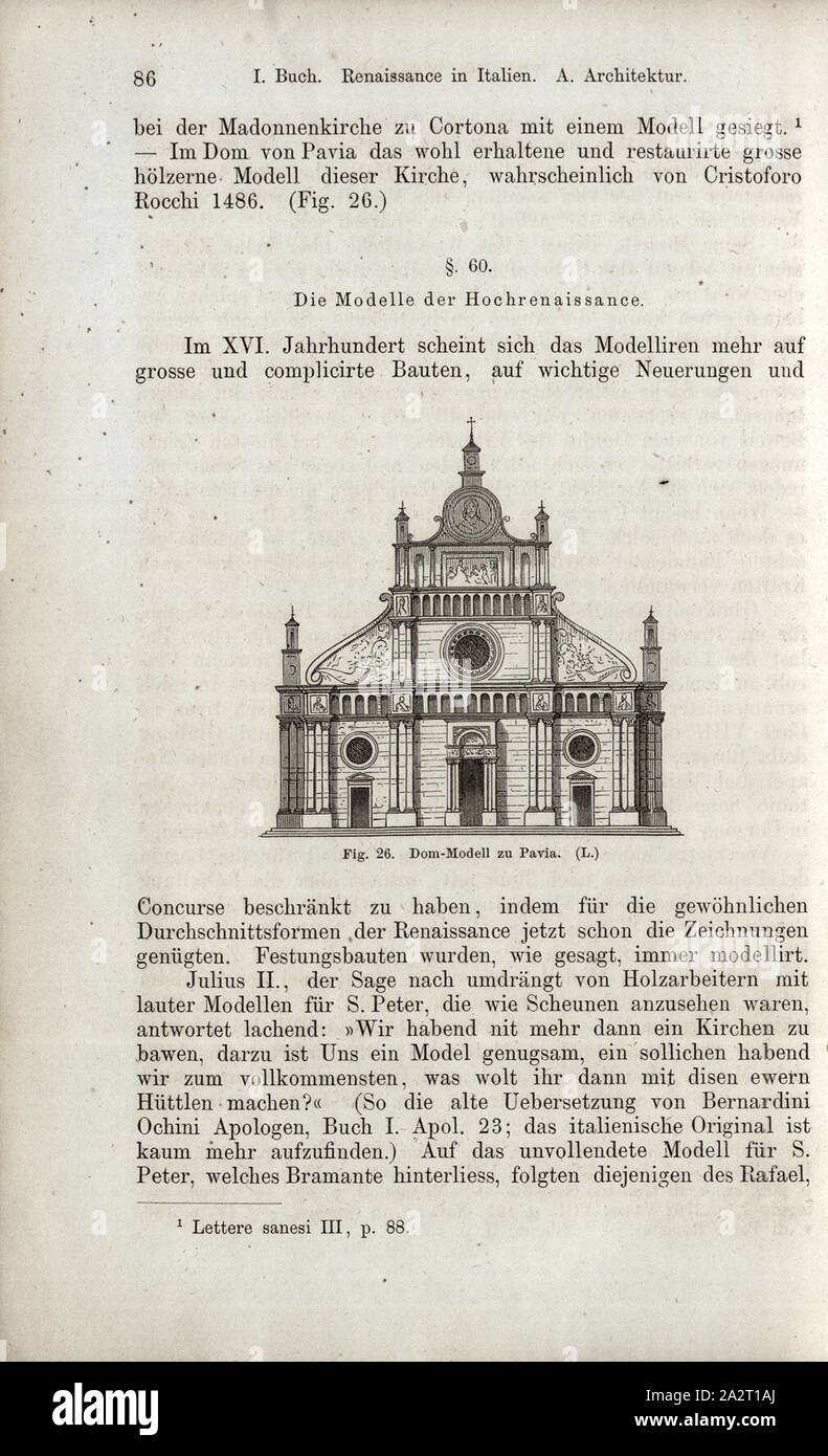 Dom-Modell nach Pavia, Blick auf die Kathedrale in Pavia, Abb. 26, S. 86, 1867, Jacob Burckhardt; Wilhelm Lübke: der neueren Baukunst. Stuttgart: Verlag von Ebner & Seubert, 1867 Stockfoto