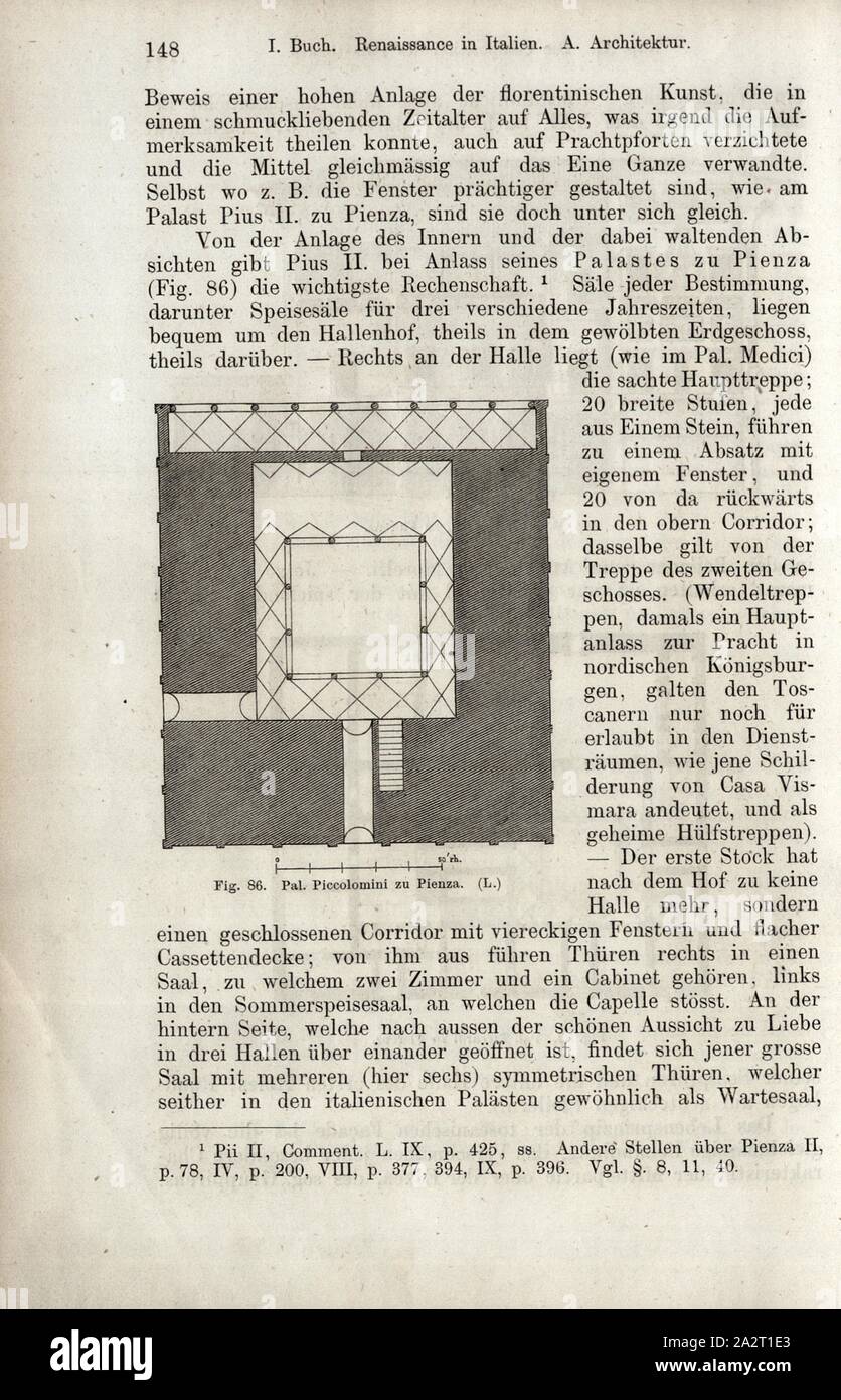 Pal. Piccolomini zu Pienza, Plan der Palazzo Piccolomini, Abb. 86, S. 148, 1867, Jacob Burckhardt; Wilhelm Lübke: der neueren Baukunst. Stuttgart: Verlag von Ebner & Seubert, 1867 Stockfoto