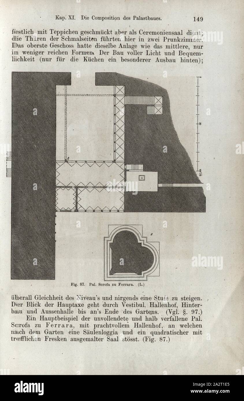 Pal. Scrofa nach Ferrara, Plan des Palazzo Scrofa in Ferrara, Abb. 87, S. 149, 1867, Jacob Burckhardt; Wilhelm Lübke: der neueren Baukunst. Stuttgart: Verlag von Ebner & Seubert, 1867 Stockfoto