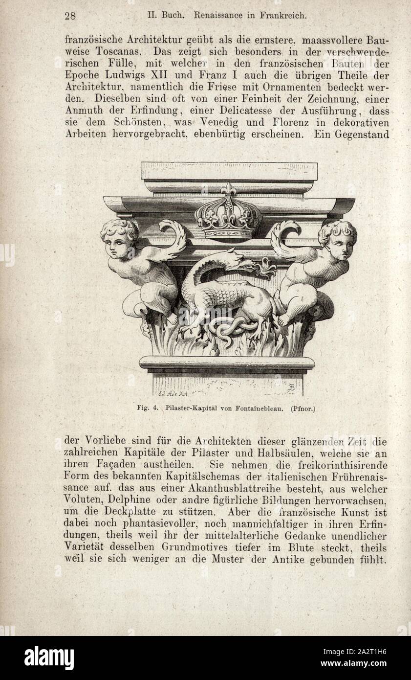 Pilaster Kapitelle von Fontainebleau, Kapital in Schloss Fontainebleau, unterzeichnete Pfnor, Abb. 4, S. 28, Pfnor, Rodolphe, 1867, Jacob Burckhardt; Wilhelm Lübke: der neueren Baukunst. Stuttgart: Verlag von Ebner & Seubert, 1867 Stockfoto