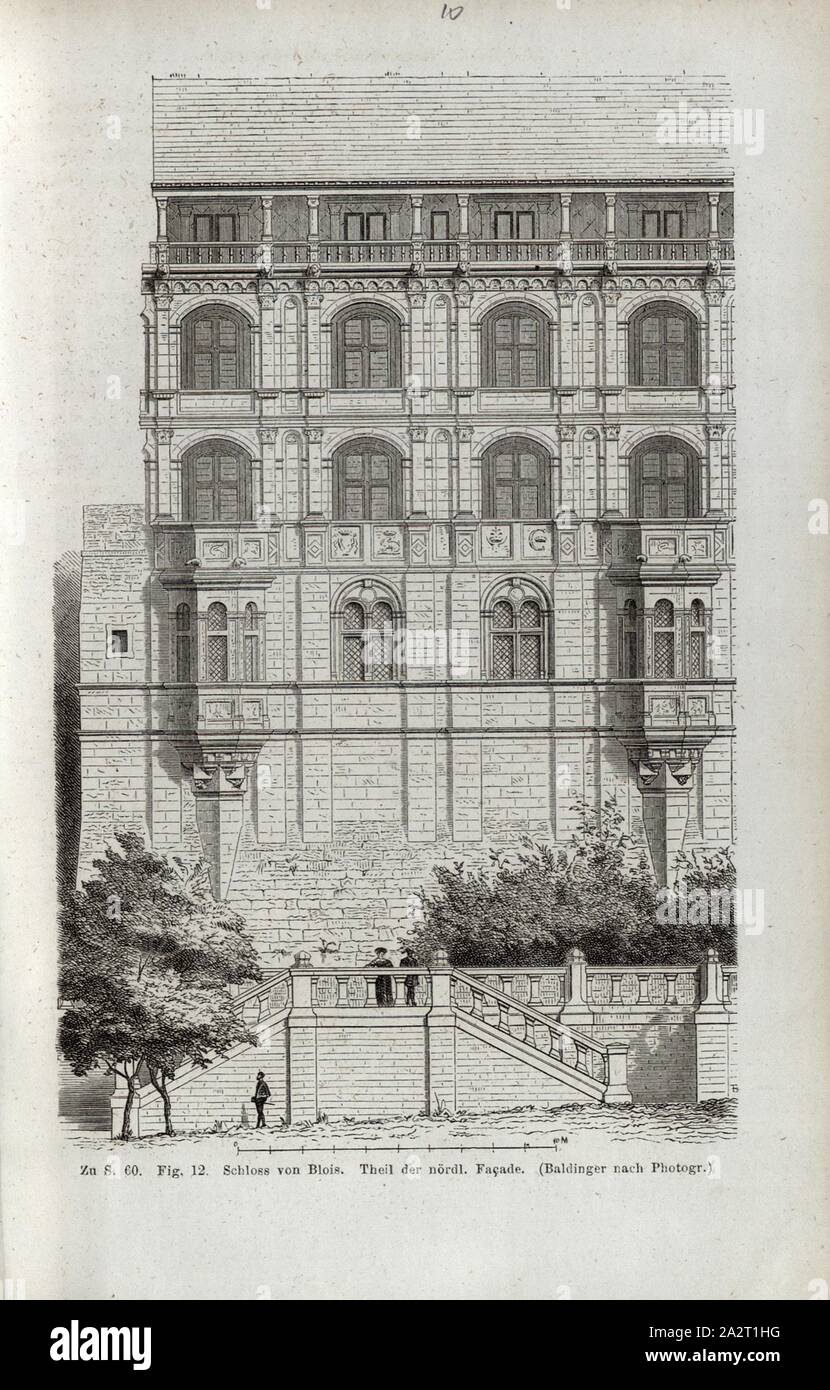 Schloss von Blois, Nordfassade, unterzeichnet: Baldinger, Abb. 12, S. 405, Baldinger, Franz Heinrich, 1867, Jacob Burckhardt; Wilhelm Lübke: der neueren Baukunst. Stuttgart: Verlag von Ebner & Seubert, 1867 Stockfoto