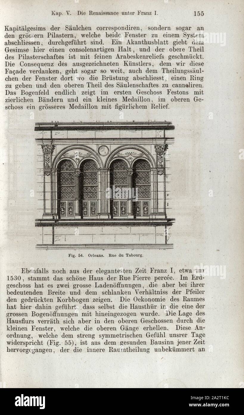 Orleans. Straße von Tabourg, Fenster in der Rue du Tabourg in Orleans, Abb. 54, S. 155, 1867, Jacob Burckhardt; Wilhelm Lübke: der neueren Baukunst. Stuttgart: Verlag von Ebner & Seubert, 1867 Stockfoto