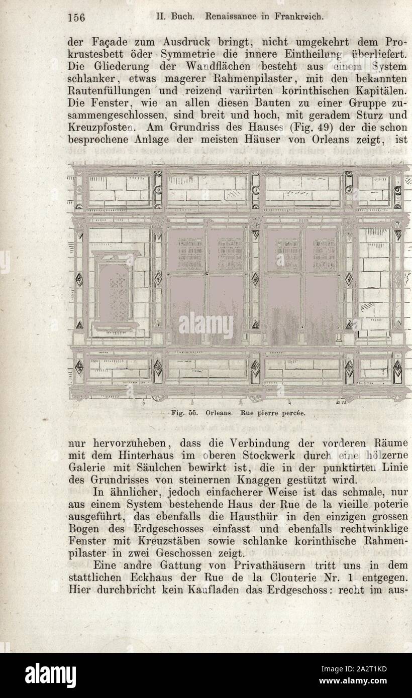 Orleans. Durchbohrten Stein Straße, Teilansicht Haus in der Rue Pierre Percée in Orleans, Abb. 55, S. 156, 1867, Jacob Burckhardt; Wilhelm Lübke: der neueren Baukunst. Stuttgart: Verlag von Ebner & Seubert, 1867 Stockfoto