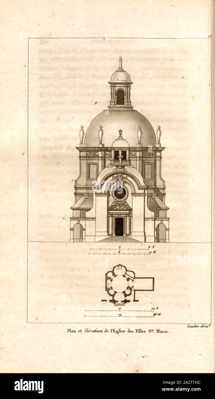 Plan und Höhe der Kirche St. Mary's Töchter, Grundriss und Fassade Kirche des Marais in Paris, geschätzt 14, nach S. 80, S. 117, Landon (Direxit), J. G. Legrand; c. S. Landon: Beschreibung de Paris et de ses édifices: avec un nun historique et des Bemerkungen sur le caractère de leur Architektur, et sur les principaux Objets d'Art et de curiosité qu'ils renferment. Seconde édition", corrigée avec Soin dans toutes ses Parteien, et augmentée considérablement. Bd. 1, Bl. 1. Paris. Straßburg. Treuttel et Würtz, 1818 Stockfoto