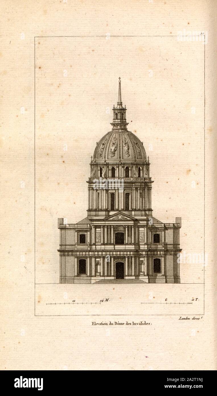 Höhe der Kuppel des Invalides, Fassade des Invalides in Paris, Datum auf 20 geschätzt, nach S.92, S.141, Landon (Direxit), J. G. Legrand; c. S. Landon: Beschreibung de Paris et de ses édifices: avec un nun historique et des Bemerkungen sur le caractère de leur Architektur, et sur les principaux Objets d'Art et de curiosité qu'ils renferment. Seconde édition", corrigée avec Soin dans toutes ses Parteien, et augmentée considérablement. Bd. 1, Bl. 1. Paris. Straßburg. Treuttel et Würtz, 1818 Stockfoto