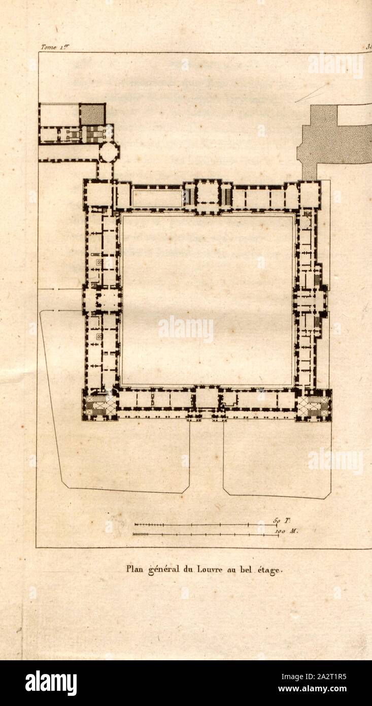 Allgemeine Plan des Louvre auf der ersten Etage, Grundriss der bel étage im Louvre in Paris, 35, nach S. 258, S. 336, Landon (Direxit), J. G. Legrand; c. S. Landon: Beschreibung de Paris et de ses édifices: avec un nun historique et des Bemerkungen sur le caractère de leur Architektur, et sur les principaux Objets d'Art et de curiosité qu'ils renferment. Seconde édition", corrigée avec Soin dans toutes ses Parteien, et augmentée considérablement. Bd. 1, Bl. 1. Paris. Straßburg. Treuttel et Würtz, 1818 Stockfoto