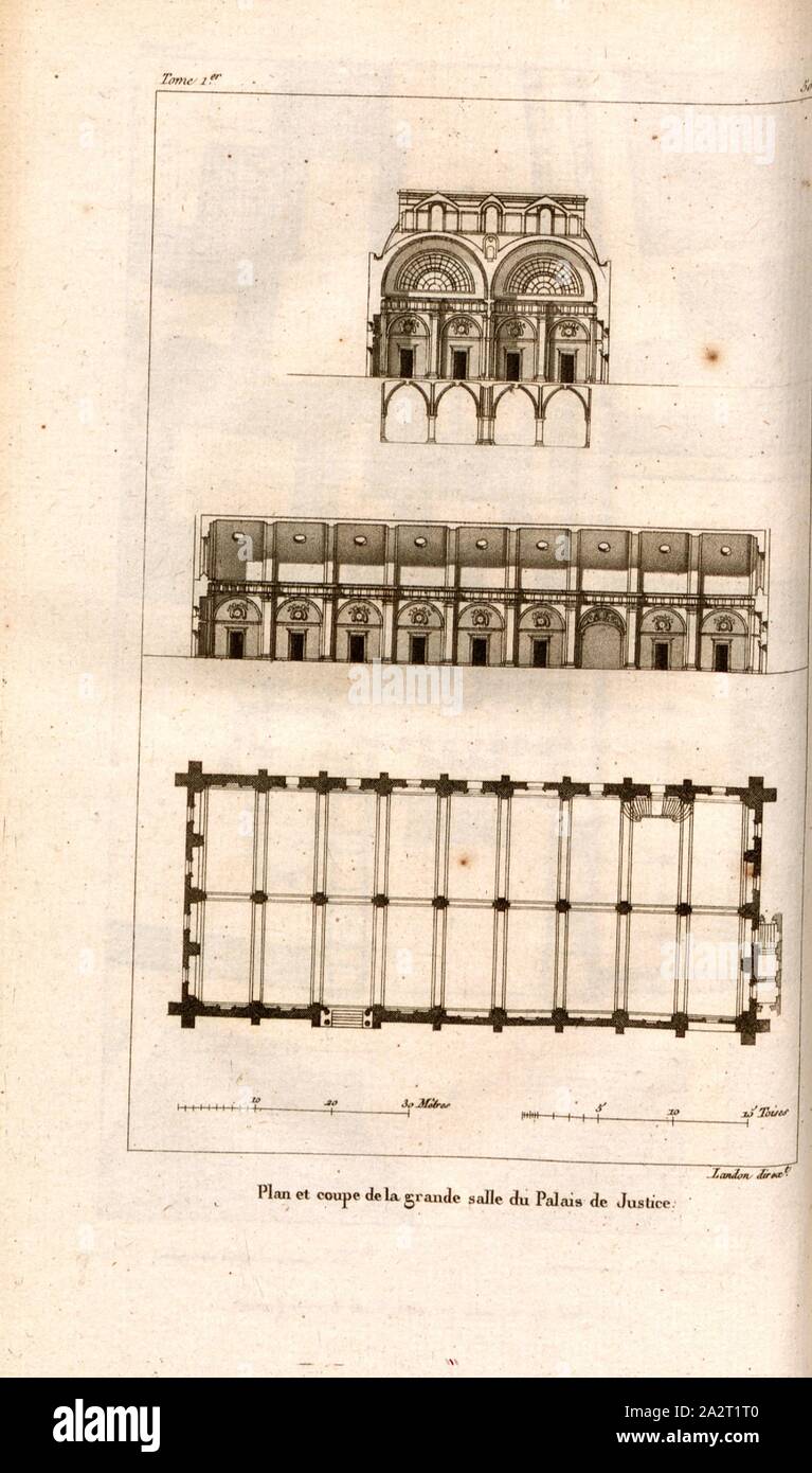 Plan und Abschnitt der Großen Halle der Gerichte, Grundriss und Querschnitt Palais de Justice in Paris, 50, nach S. 342, S. 448, Landon (Direxit), J. G. Legrand; c. S. Landon: Beschreibung de Paris et de ses édifices: avec un nun historique et des Bemerkungen sur le caractère de leur Architektur, et sur les principaux Objets d'Art et de curiosité qu'ils renferment. Seconde édition", corrigée avec Soin dans toutes ses Parteien, et augmentée considérablement. Bd. 1, Bl. 1. Paris. Straßburg. Treuttel et Würtz, 1818 Stockfoto